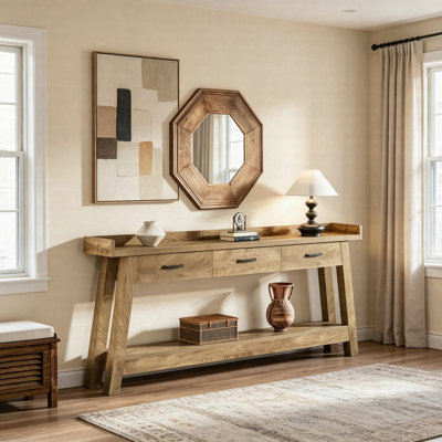 70.9" Console Table, 2-Tier Long Sofa Entryway Table With 3 Drawers & Raised Baffle For Living Room & Hallway