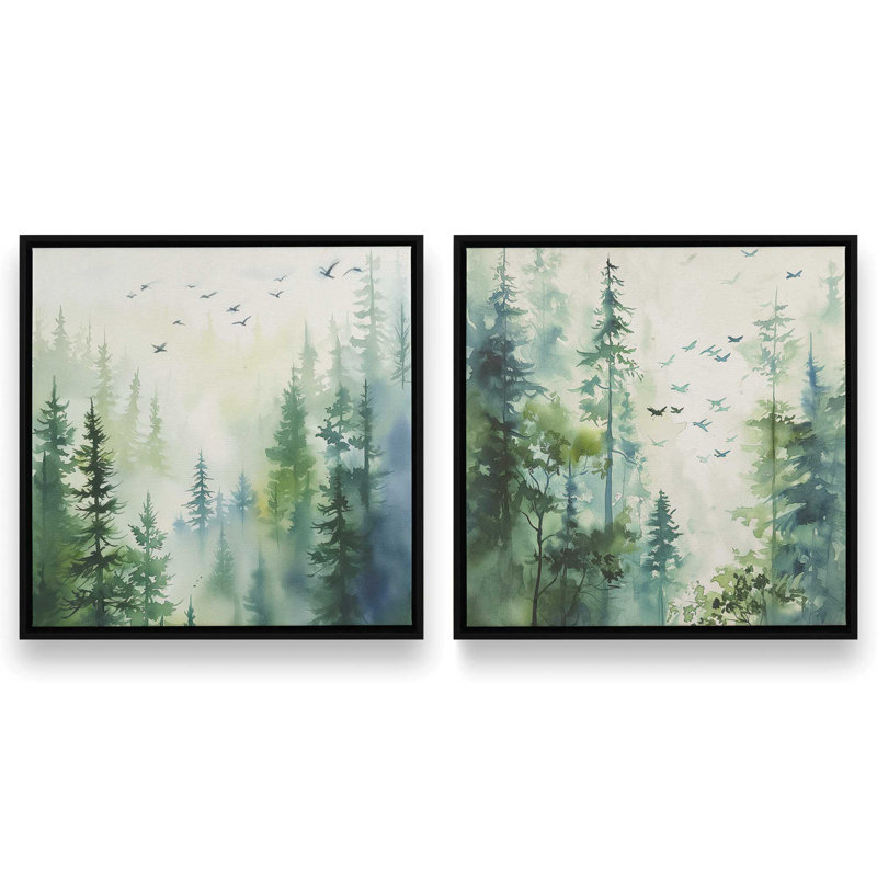 «Woodland Birds in Mist», ensemble de 2, reproduction sur toile, Cadre noir, H 16,75 po x l 16,75 po