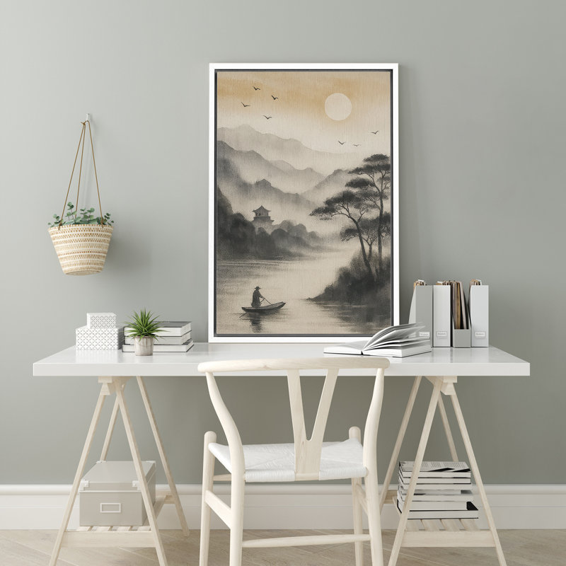 «Serene Mountain River with Boatman and Rising Sun», reproduction d'art sur toile encadrée, H 36 po x l 24 po x P 1,5 po