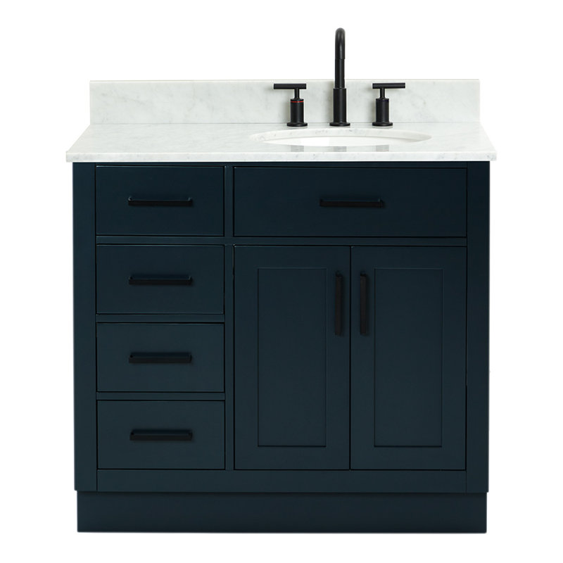 Meuble-lavabo simple Jameal de 36 po en bois massif avec comptoir en marbre de Carrare de 0,75 po et lavabo ovale dÃ©calÃ© Ã  droite