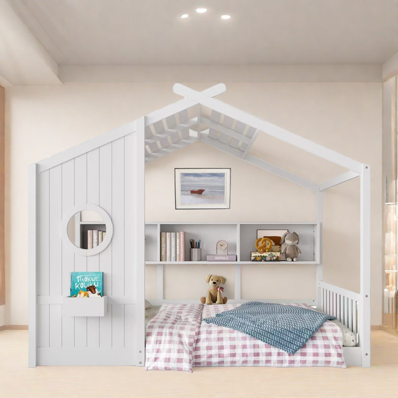 Lit sur pied avec tablettes de rangement, Double, Blanc / Blanc