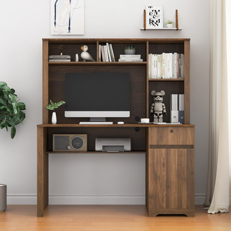 Bureau d'ordinateur avec huche et bibliothèque (sans les chaises de bureau), Brun, Brun
