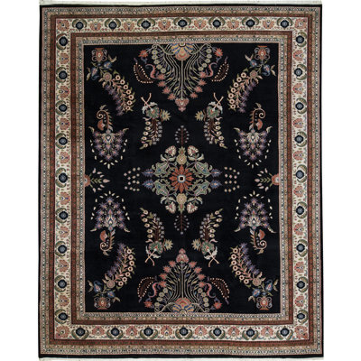 Tapis noir et ivoire de haute qualité noué à la main