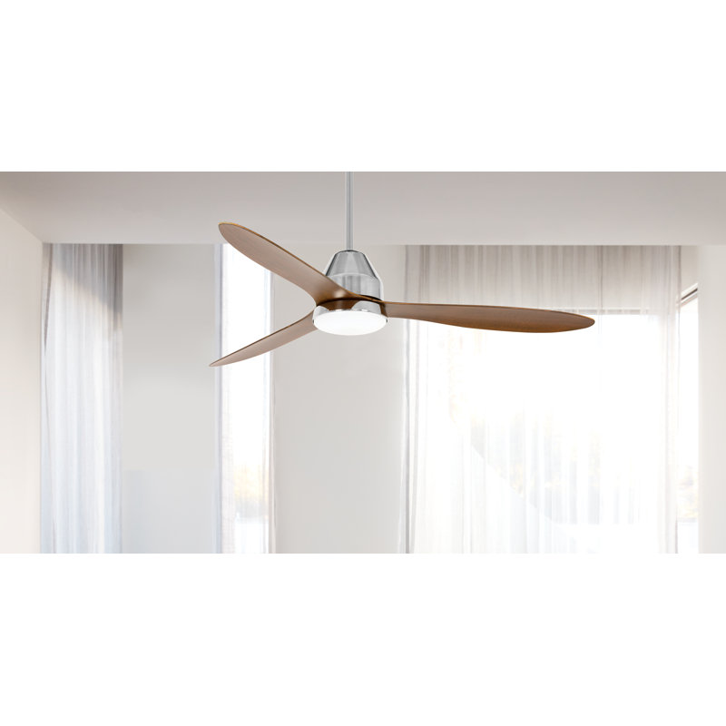 Ventilateur de plafond intelligent WiFi de 56 po pour intérieur/extérieur, alimentation CC, avec lumière DEL et télécommande, résistant à l'humidité, fini chromé brossé et pales en koa