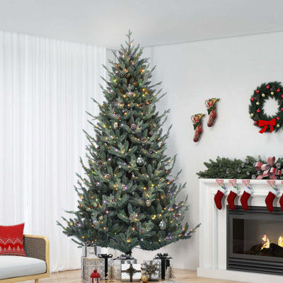 Arbre de Noël épinette 7,5 pi avec éclairage réglable et pommes de pin préinstallées 7,5 pi Hillside