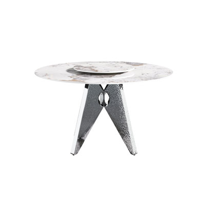 53" White Round Dining Table With Sintered Stone Top, Stainless Steel Base, 6, 23.62" Rotatable Disk, Stable Feature Stain- 6 Seats, Turntable