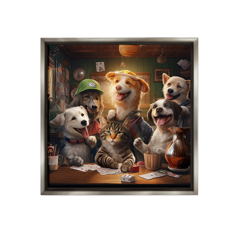 "Animaux jouant aux jeux de cartes avec cadre flottant" par Jim Baldwin sur toile, Cadre flottant gris lustré