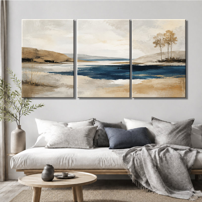 3 panneaux d'art mural neutre bleu abstrait au bord du lac, impression sur toile, 28 * 40 pouces * 3
