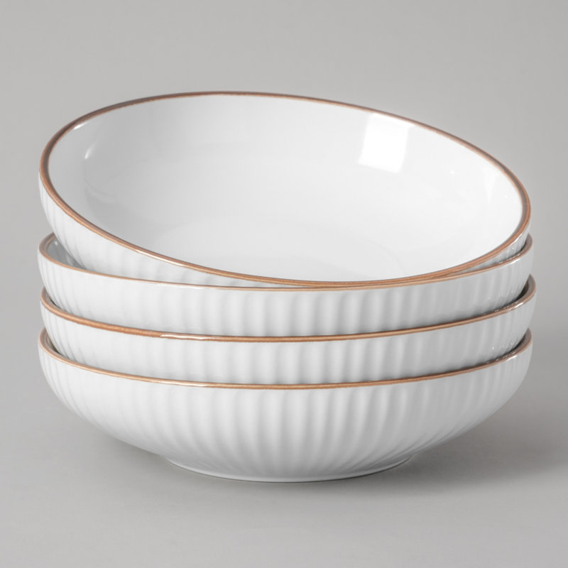 4 Pieces 34oz Stoneware Pasta Bowls - Service for 4, White Stripe