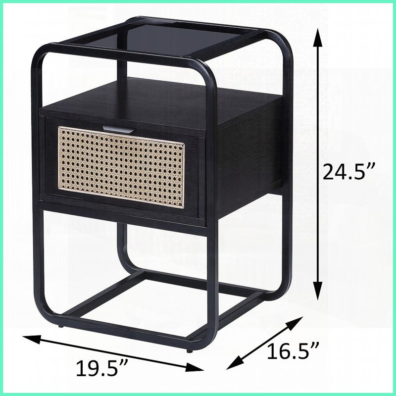 Table basse noire avec tiroir en rotin et amp; Plateau en verre trempé, facile à nettoyer et amp; Extension lisse 3/4