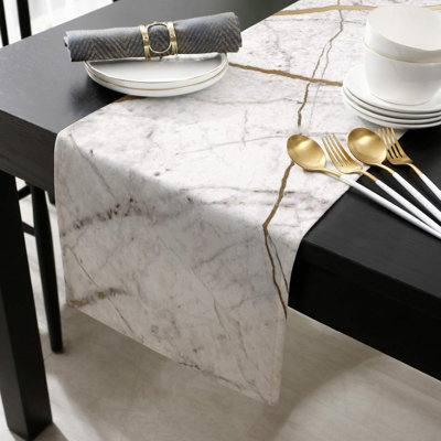 Marble Table Runner-Cotton Linen-Long White Gray Gold Dresser Scarves,Texture Tablerunner For Kitchen Coffee/Dining/Sofa/End Table Bedroom Home Living Room,Scarfs Decor For Holiday Dinner