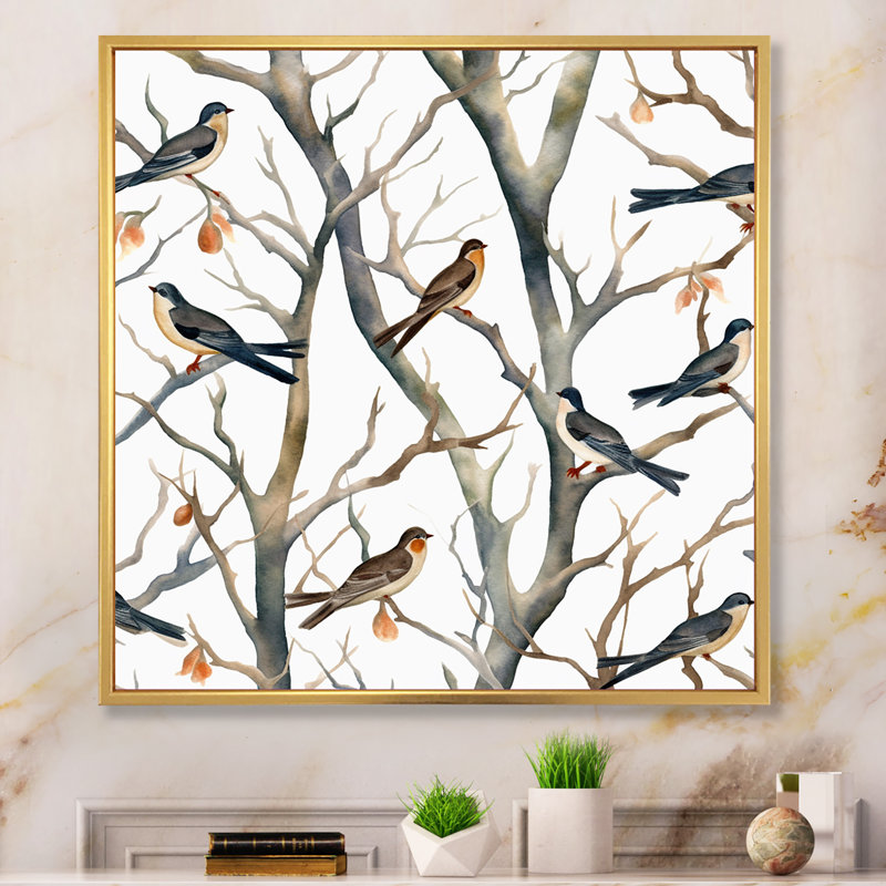 «Little Birds On The Tree Branches VI», reproduction d'art sur toile, H 36 po x l 36 po x P 1,5 po, Cadre flottant doré