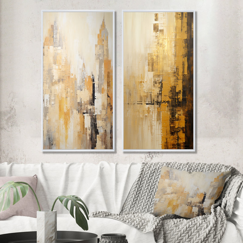 Ensemble de 2 décorations murales abstraites modernes Skycraper Golden, Cadre blanc, H 40 po x l 41 po