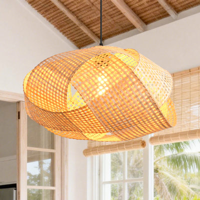 Bamboo Pendant Light, Natural Bamboo Shade, Iron Frame, Adjustable Height, E27 Socket, 50 Cm Diameter, For Dining Room Kitchen Island (Bulb Not Included)