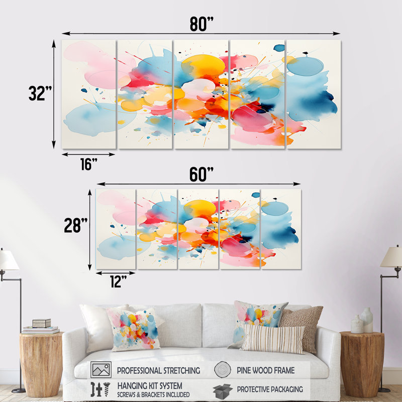 "Pastel Color Geometric Ink Collage IV, 5 pièces" - 5 pièces, H 28 po x l 60 po