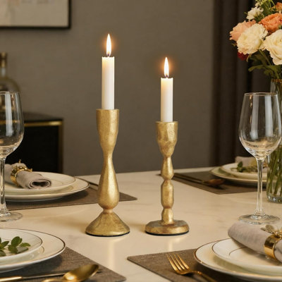 Handheld Handle Design Vintage Gold Cast Iron Candlestick Holders Pack of 2, Rustic Taper Candle Stands for Fall Mantel, Dining Table Center Decor