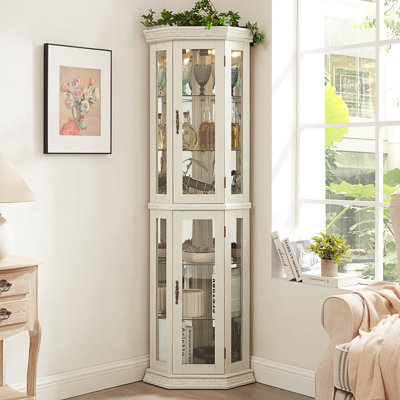 Lighted Corner Curio Cabinet, Glass Display Shelf With Tempered Glass Doors, Living Room Cabinet