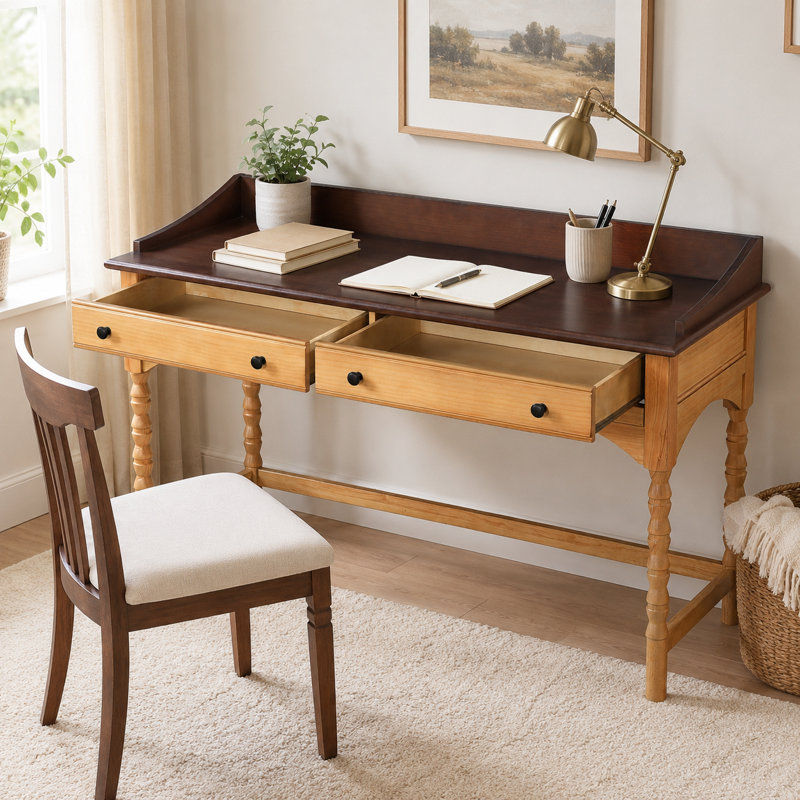Bureau d'écriture en bois UNASTA avec 2 tiroirs à fermeture en douceur et pieds de canette tournés