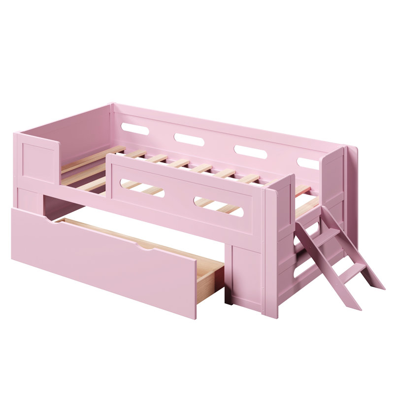 Lit plateforme en bois avec garde-corps et tiroir, Lit simple, Rose