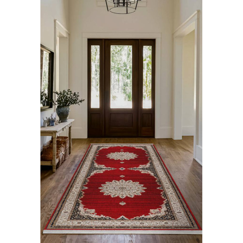 Nouvelle Collection Digital Print Cotton-Polyester Red Moroccan Rug, Runner 3'4" x 16'5"