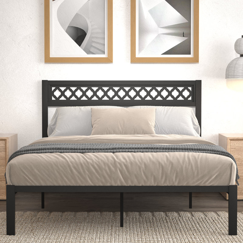 Charin Metal Platform Bed, Geometric Fretwork, Black, Full