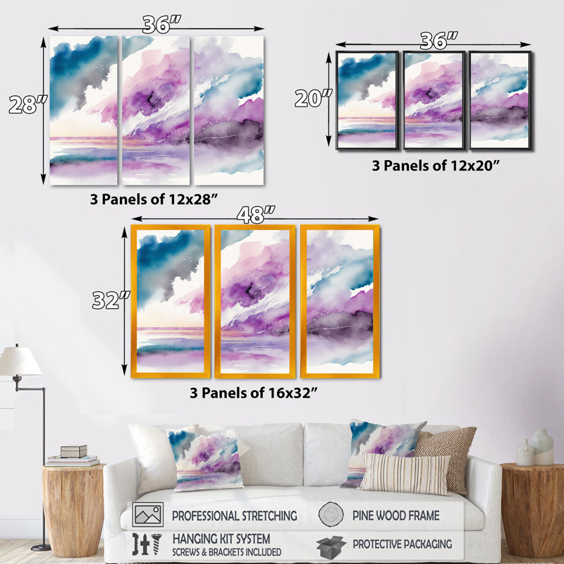 «Violet Storm at the Horizon I», reproduction sur toile 3 pièces, Toile encadrée noire, H 28 po x l 36 po x P 1 po