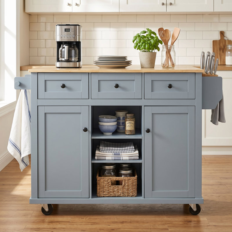 kitchen Cart with Rubber wood Drop-Leaf Countertop in Blue｜Cabinet door internal storage racks｜Smooth Rolling & Lockable Wheels ｜ Storage Cabinet and 3 Drawers for Dinning Room