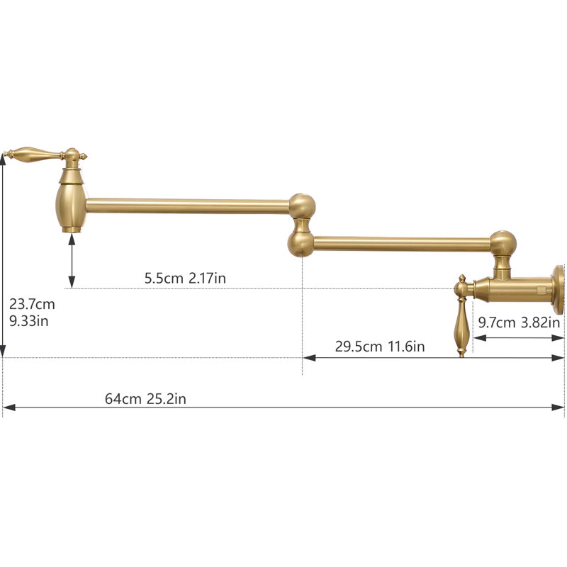 Wall Mount Commercial Pot Filler Faucet In Brushed Gold, Brass Folding Kitchen With 360 Rotation Double Joint Swing Arms, Cold Or Hot Water Function Gold Mounted Faucet, Stretchable One Hole Inlet,