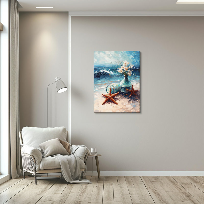 «Ocean Shore with Glass Bottles and Blooms - Nautical Coastal», reproduction d'art sur toile tendue, H 30 po x l 20 po