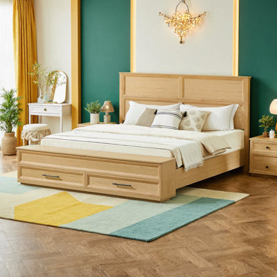 Très grand lit avec tête de lit géométrique 3D et banc de rangement, 4 tiroirs, mobilier de chambre moderne