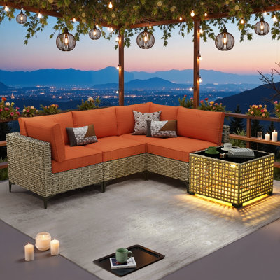 Sorella 5-Piece Outdoor Patio Furniture Set With Wicker Sectional Sofa & Lighted Coffee Table, Modern Patio Conversation Set For Porch, Deck & Backyard