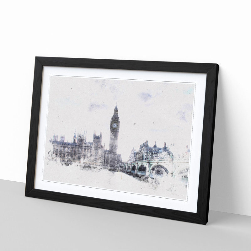 The Houses Of Parliament London Watercolour - Single Picture Frame Print on MDF, 40cm H x 60cm W x 2cm D, Black Framed