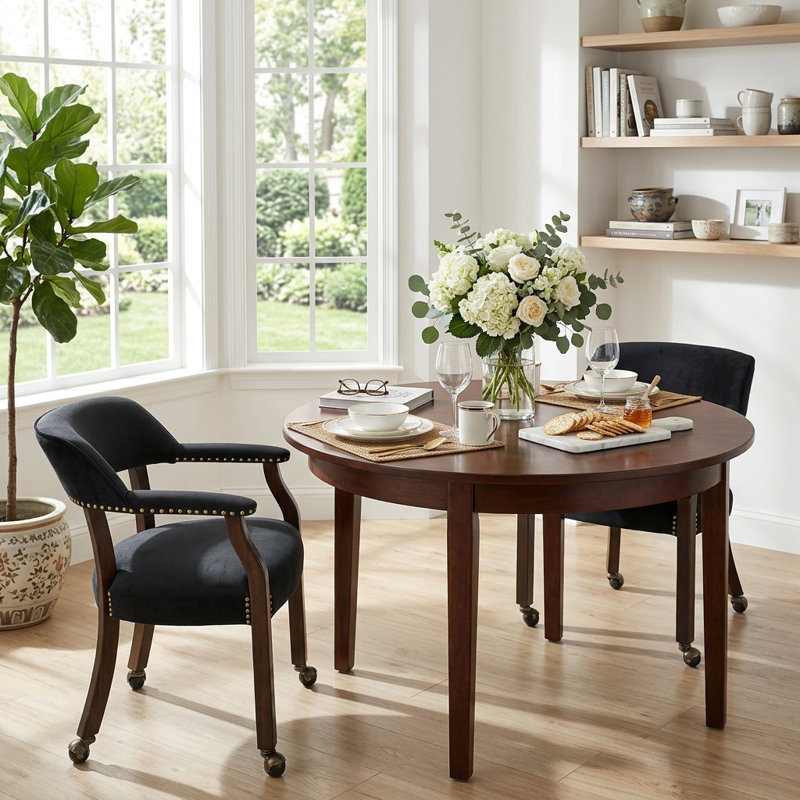 Wexford Collection Mid-Century Modern Upholstered Fabric Dining Chair, Wood Accent Chair with Arms and Casters for Dining Room, Vanity or Office, Velvet-Look Black Dining Chair