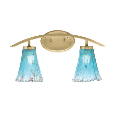 Kurve 2 Light Bath Bar Shown In New Age Brass Finish With  5.5" Fluted Teal Crystal Glass