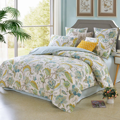  800TC 100% Egyptian Cotton Duvet Cover Set，3pcs Luxury Elegant Floral in Light Blue Shabby Chic Bedding Set, Aesthetic Botanical Pattern for Bedroom Guest Room Student Dorm All Seasons