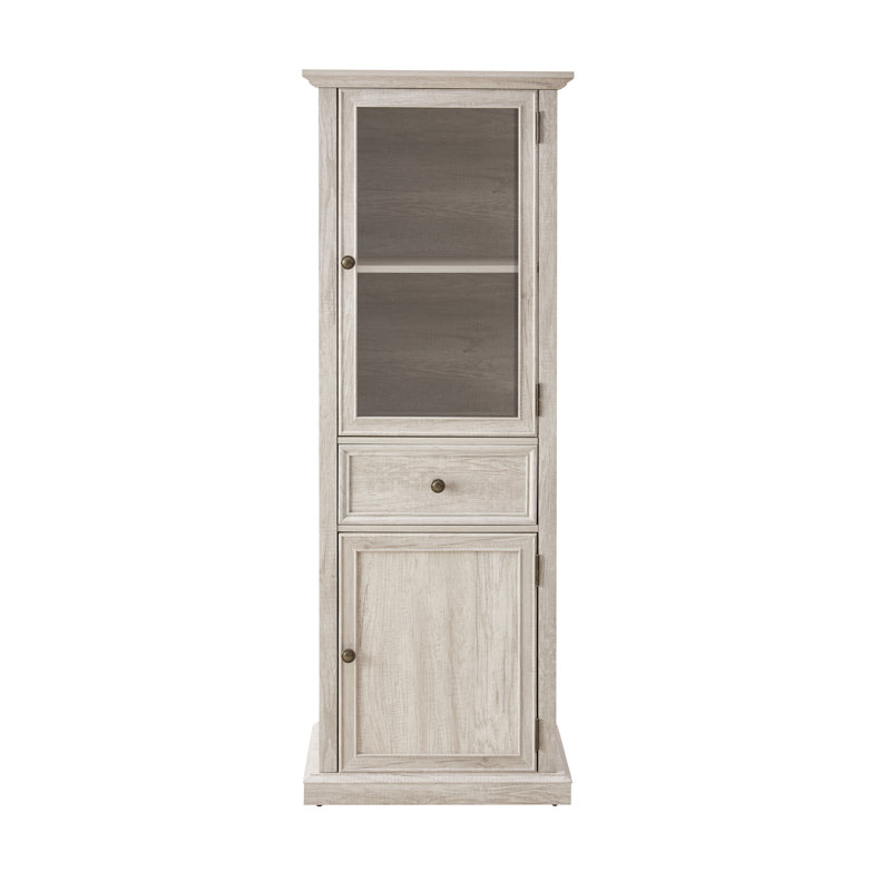 65" H Tall Storage Cabinet, Freestanding Kitchen Pantry with Glass Door and Drawer, White, White