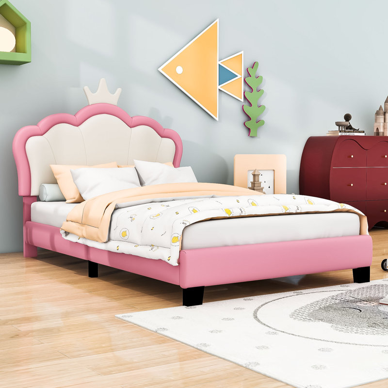 Lit plateforme tapissier avec tête de lit en forme de couronne, Simple