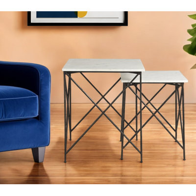 Ensemble de deux tables gigognes carrées en marbre blanc et noir