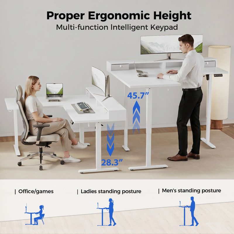 63 Inch L-Shaped Electric Height Adjustable Standing Desk with Drawers & Monitor Shelf, Ergonomic Corner Home Office Desk, with Hooks & Cable Management, White