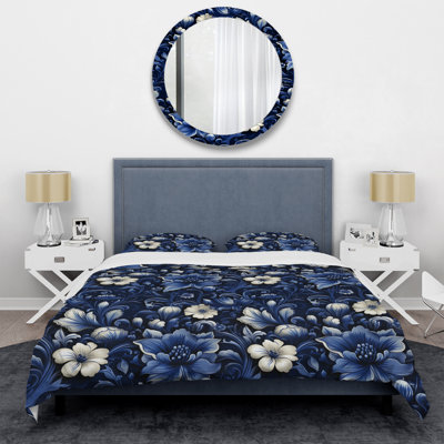 Cobalt Blue Neo Gothic Victorian Pattern Floral Duvet Cover