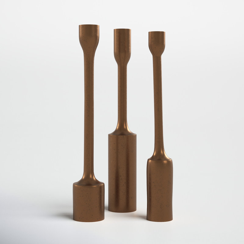 Imbali 3 Piece 12.6" Metal Tabletop Candlestick Set, Antique Brass