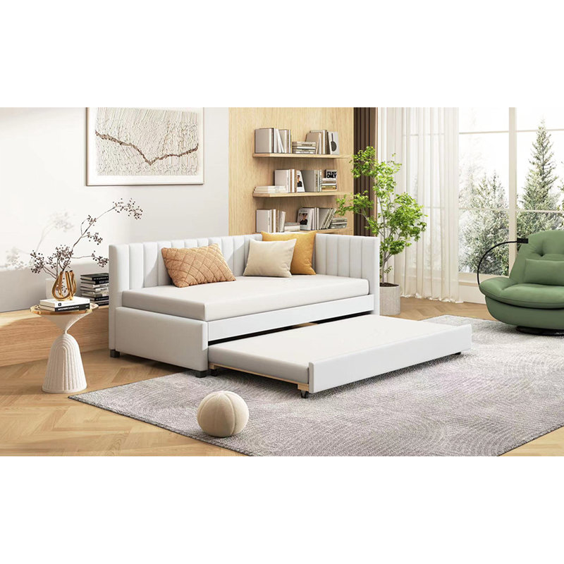 Lit de jour rembourré simple avec lit gigogne, lin beige, pas de sommier requis, tissu en lin