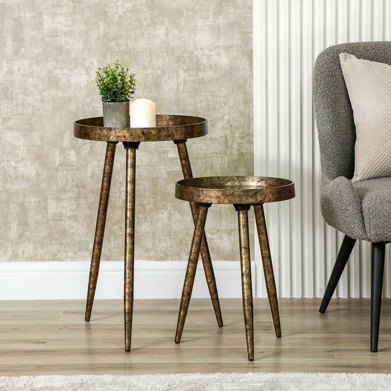 Bertrum Metal Round Nesting End Table for Living Room Furniture, Mirror Top Nest of Side Tables