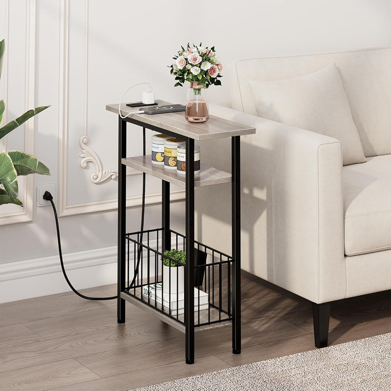 Narrow Side Table With Charging Station, Skinny Side End Table For Couch, 3-Tier Small End Tables For Small Spaces, 25.2" Tall Slim Nightstand Bedside Table For Living Room, Bedroom, Greige