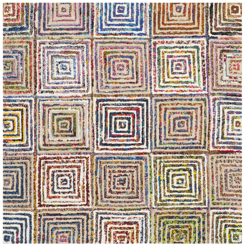 Anaheim Nantucket Hand Tufted Wool/Cotton Geometric Rug in Blue/Green/Orange, Square 4'