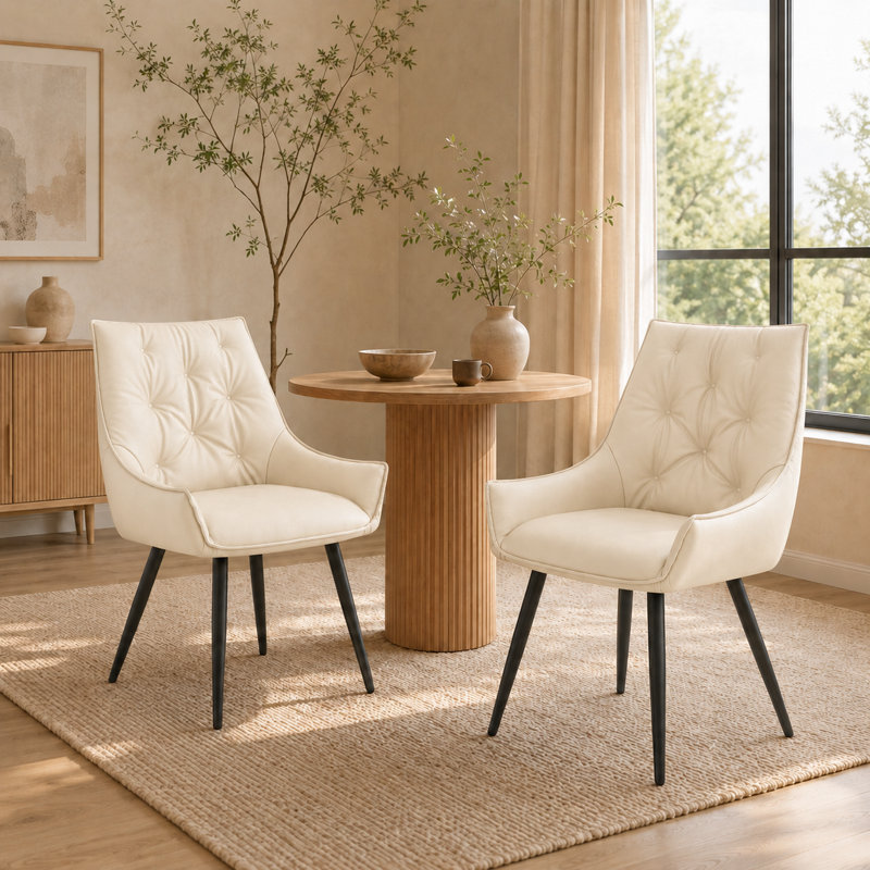 Ensemble de 2 chaises de salle à manger modernes en similicuir avec coussins à dossier plat avec pieds en métal noir et capuchons antidérapants pour la salle à manger et la cuisine