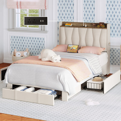 Upholstered Bed Frame with 3 Drawers, Bed with Storage Headboard and Charging Station