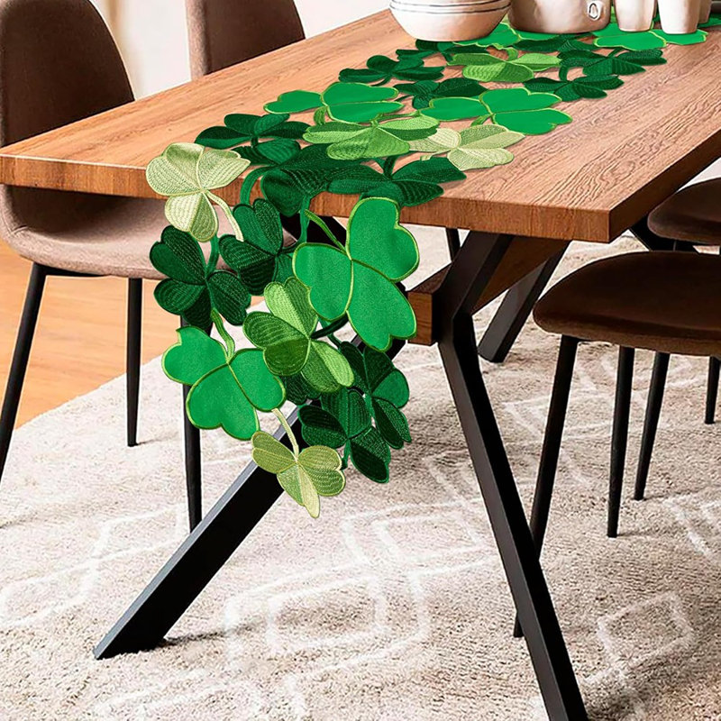 Embroidered Shamrock Table Runner, St. Patrick’S Day Indoor Party And Home Decor, 68" L x 1" W