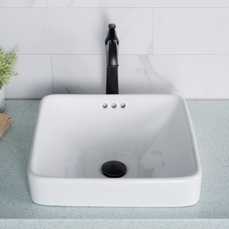 Elavo White Ceramic Square Semi-Recessed Vessel Sink, 16.25 inch