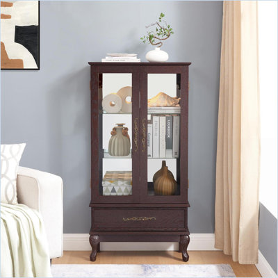Cabinets: Lighted Glass Curio Cabinet with Adjustable Shelves, 2 Doors &amp; Drawer, Dark Cherry | Traditional | MDF+glass